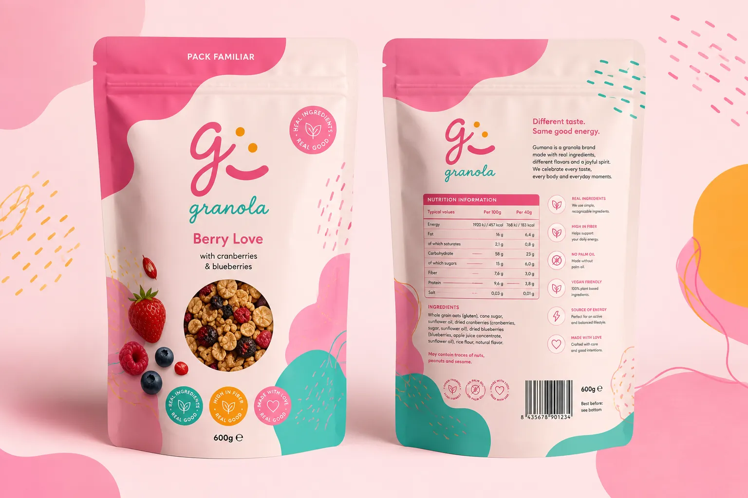 Pack familiar Gumana Berry Love, cara frontal y posterior con ficha nutricional